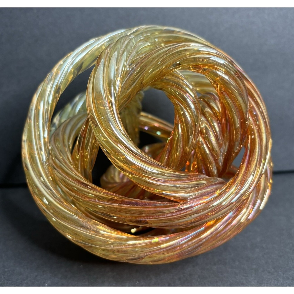 Blown Glass Sculpture Twisted Rope Knot Art Orange Carnival Iridescent 4.5" Tall